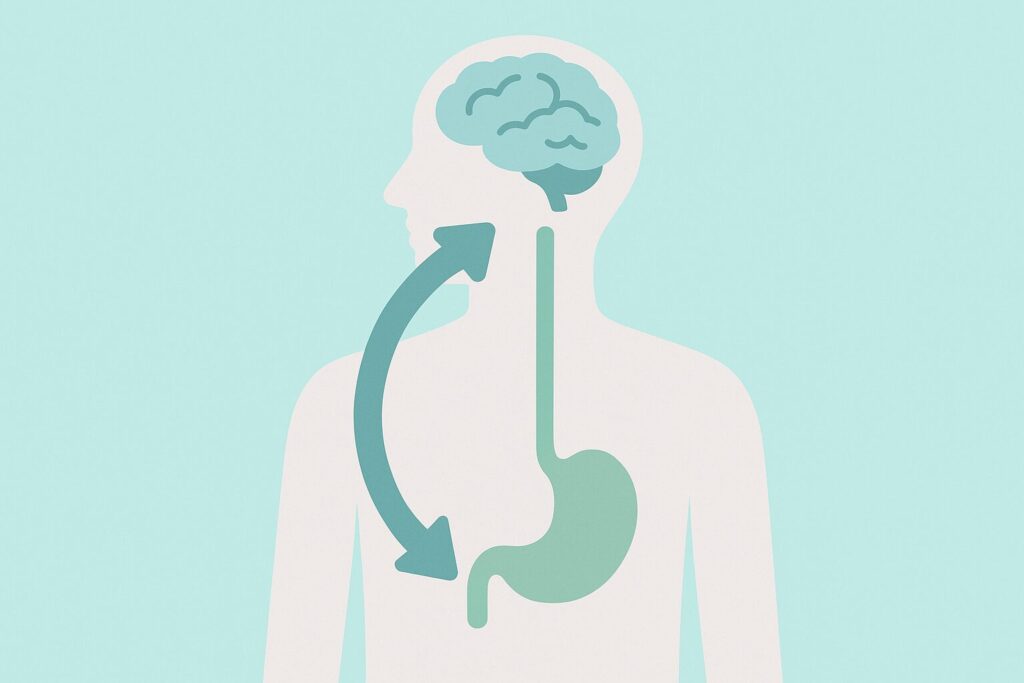 脳と胃のイラストがあり、GLP-1が①満腹中枢を刺激する、②胃の動きを緩やかにする、という2つの作用を矢印で示している図